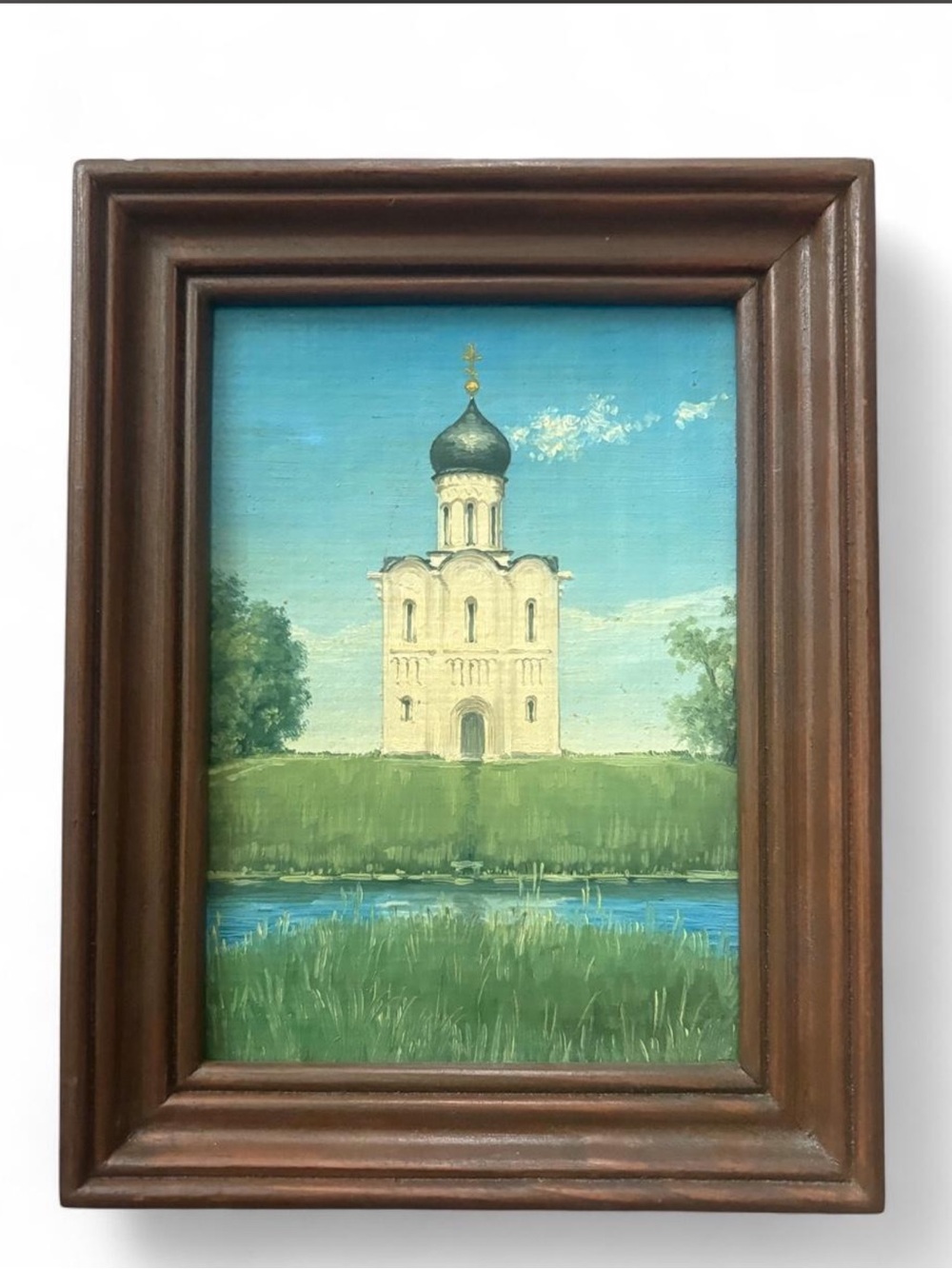Small Framed Landscape Oil "Pokrov on the Nerl” Soviet era